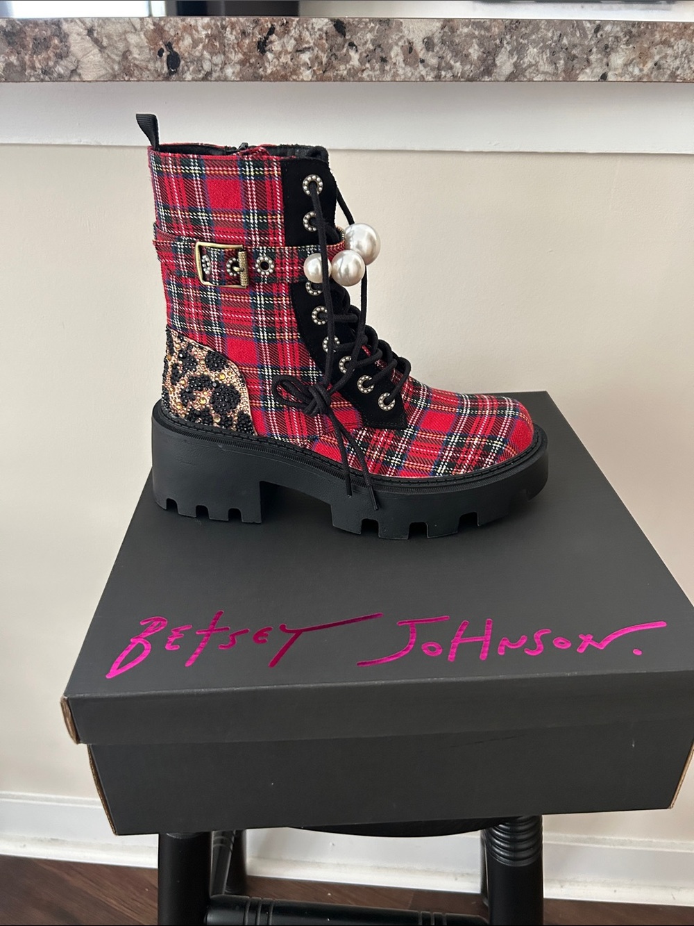 Betsey Johnson Red Plaid Lace-Up Combat Boots with Leopard Heel